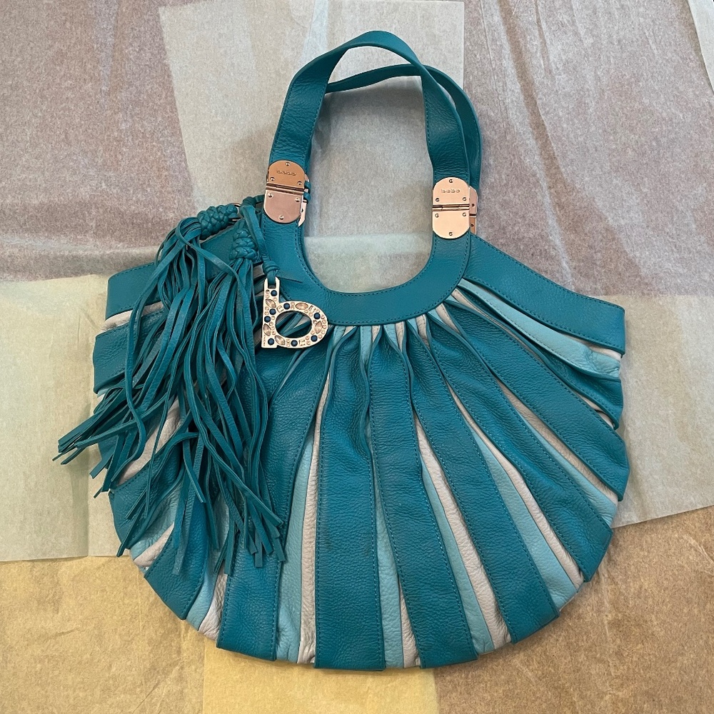 Rare Bebe Vault LEATHER Turquoise Bag With Crystal Charm BLUE